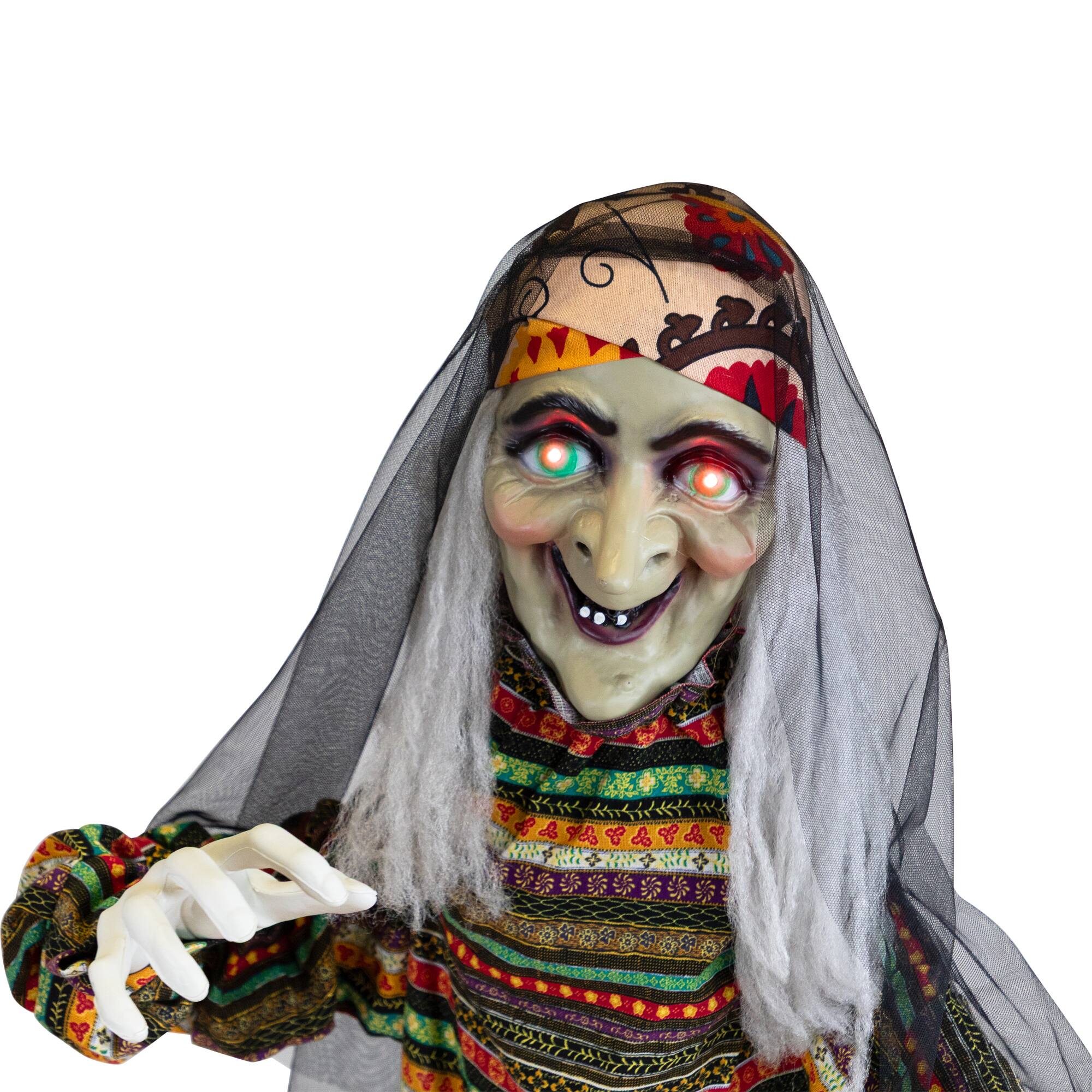 5.5ft. Pre-Lit Black & Green Standing Fortune Witch with Magic Ball Halloween Display